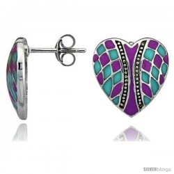 Sterling Silver 9/16" (15 mm) tall Checkered Heart Post Earrings, Rhodium Plated w/ Pink & Blue Enamel Designs