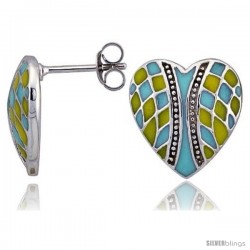 Sterling Silver 9/16" (15 mm) tall Checkered Heart Post Earrings, Rhodium Plated w/ Blue & Yellow Enamel Designs