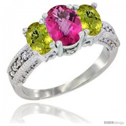 10K White Gold Ladies Oval Natural Pink Topaz 3-Stone Ring with Lemon Quartz Sides Diamond Accent