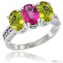 10K White Gold Natural Pink Topaz & Lemon Quartz Sides Ring 3-Stone Oval 7x5 mm Diamond Accent