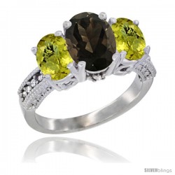 10K White Gold Ladies Natural Smoky Topaz Oval 3 Stone Ring with Lemon Quartz Sides Diamond Accent