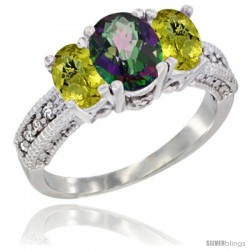 10K White Gold Ladies Oval Natural Mystic Topaz 3-Stone Ring with Lemon Quartz Sides Diamond Accent