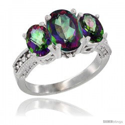 10K White Gold Ladies Natural Mystic Topaz Oval 3 Stone Ring Diamond Accent