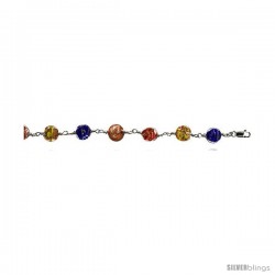 7" Sterling Silver Italian Charm Bracelet, w/ Murano Glass Beads in Assorted Colors, 3/8" (9 mm) wide