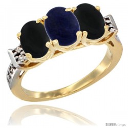 10K Yellow Gold Natural Lapis & Black Onyx Sides Ring 3-Stone Oval 7x5 mm Diamond Accent