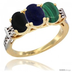 10K Yellow Gold Natural Black Onyx, Lapis & Malachite Ring 3-Stone Oval 7x5 mm Diamond Accent