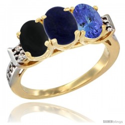 10K Yellow Gold Natural Black Onyx, Lapis & Tanzanite Ring 3-Stone Oval 7x5 mm Diamond Accent