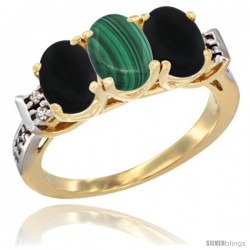 10K Yellow Gold Natural Malachite & Black Onyx Sides Ring 3-Stone Oval 7x5 mm Diamond Accent