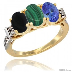 10K Yellow Gold Natural Black Onyx, Malachite & Tanzanite Ring 3-Stone Oval 7x5 mm Diamond Accent