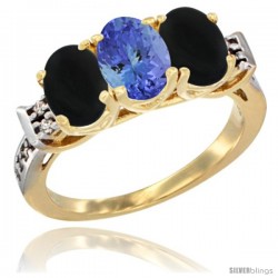 10K Yellow Gold Natural Tanzanite & Black Onyx Sides Ring 3-Stone Oval 7x5 mm Diamond Accent