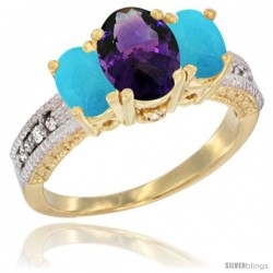 10K Yellow Gold Ladies Oval Natural Amethyst 3-Stone Ring with Turquoise Sides Diamond Accent