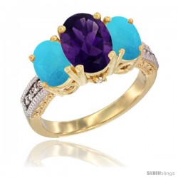 10K Yellow Gold Ladies 3-Stone Oval Natural Amethyst Ring with Turquoise Sides Diamond Accent