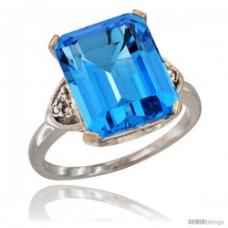 14k White Gold Ladies Natural Swiss Blue Topaz Ring Emerald-shape 12x10 Stone Diamond Accent