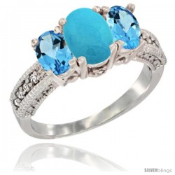 14k White Gold Ladies Oval Natural Turquoise 3-Stone Ring with Swiss Blue Topaz Sides Diamond Accent