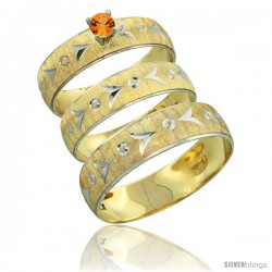 10k Gold 3-Piece Trio Orange Sapphire Wedding Ring Set Him & Her 0.10 ct Rhodium Accent Diamond-cut Pattern -Style 10y507w3