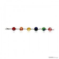 7" Sterling Silver Italian Charm Bracelet, w/ Floral-designed Murano Glass Beads in Assorted Colors, 7/16" (11 mm) wide