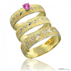 10k Gold 3-Piece Trio Pink Sapphire Wedding Ring Set Him & Her 0.10 ct Rhodium Accent Diamond-cut Pattern -Style 10y507w3