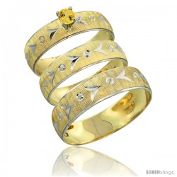 10k Gold 3-Piece Trio Yellow Sapphire Wedding Ring Set Him & Her 0.10 ct Rhodium Accent Diamond-cut Pattern -Style 10y507w3