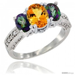 10K White Gold Ladies Oval Natural Citrine 3-Stone Ring with Mystic Topaz Sides Diamond Accent