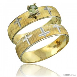 10k Gold Ladies' 2-Piece 0.25 Carat Green Sapphire Engagement Ring Set Diamond-cut Pattern Rhodium Accent, 3/16 -Style 10y508e2