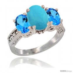 14K White Gold Ladies 3-Stone Oval Natural Turquoise Ring with Swiss Blue Topaz Sides Diamond Accent