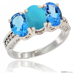 14K White Gold Natural Turquoise & Swiss Blue Topaz Sides Ring 3-Stone 7x5 mm Oval Diamond Accent