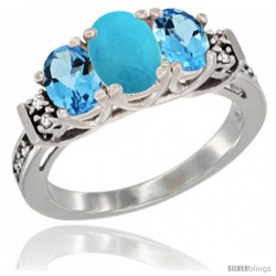 14K White Gold Natural Turquoise & Swiss Blue Topaz Ring 3-Stone Oval with Diamond Accent