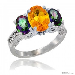 10K White Gold Ladies Natural Citrine Oval 3 Stone Ring with Mystic Topaz Sides Diamond Accent