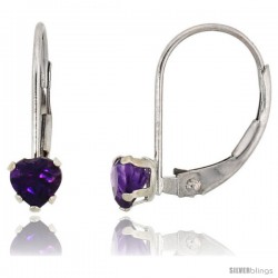 10k White Gold Natural Amethyst Heart Leverback Earrings 4mm February Birthstone, 9/16 in tall