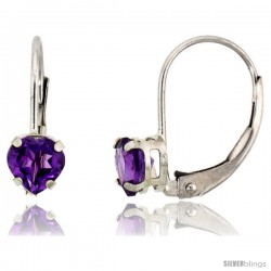 10k White Gold Natural Amethyst Heart Leverback Earrings 5mm February Birthstone, 9/16 in tall