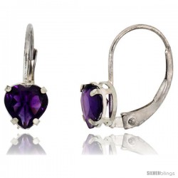 10k White Gold Natural Amethyst Heart Leverback Earrings 6mm February Birthstone, 9/16 in tall