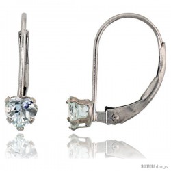 10k White Gold Natural Aquamarine Leverback Heart Earrings 4mm March Birthstone, 9/16 in tall