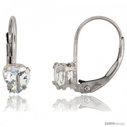 10k White Gold Natural Aquamarine Leverback Heart Earrings 5mm March Birthstone, 9/16 in tall