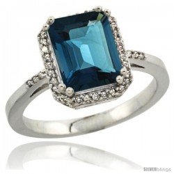 Sterling Silver Diamond Natural London Blue Topaz Ring 2.53 ct Emerald Shape 9x7 mm, 1/2 in wide