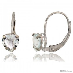 10k White Gold Natural Aquamarine Leverback Heart Earrings 6mm March Birthstone, 9/16 in tall