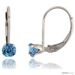 10k White Gold Natural Blue Topaz Leverback Earrings 4mm Brilliant Cut December Birthstone, 9/16 in tall