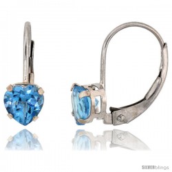 10k White Gold Natural Blue Topaz Heart Leverback Earrings 5mm December Birthstone, 9/16 in tall