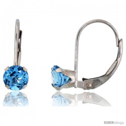 10k White Gold Natural Blue Topaz Leverback Earrings 5mm Brilliant Cut December Birthstone, 9/16 in tall