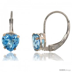 10k White Gold Natural Blue Topaz Heart Leverback Earrings 6mm December Birthstone, 9/16 in tall