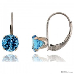 10k White Gold Natural Blue Topaz Leverback Earrings 6mm Brilliant Cut December Birthstone, 9/16 in tall