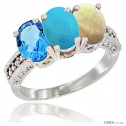 14K White Gold Natural Swiss Blue Topaz, Turquoise & Opal Ring 3-Stone 7x5 mm Oval Diamond Accent