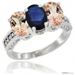 14K White Gold Natural Blue Sapphire & Morganite Sides Ring 3-Stone Oval 7x5 mm Diamond Accent