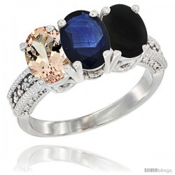 14K White Gold Natural Morganite, Blue Sapphire & Black Onyx Ring 3-Stone Oval 7x5 mm Diamond Accent