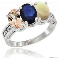 14K White Gold Natural Morganite, Blue Sapphire & Opal Ring 3-Stone Oval 7x5 mm Diamond Accent