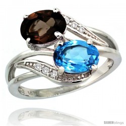 14k White Gold ( 8x6 mm ) Double Stone Engagement Swiss Blue & Smoky Topaz Ring w/ 0.07 Carat Brilliant Cut Diamonds & 2.34