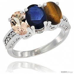 14K White Gold Natural Morganite, Blue Sapphire & Tiger Eye Ring 3-Stone Oval 7x5 mm Diamond Accent