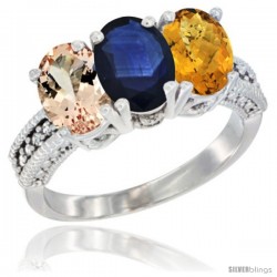 14K White Gold Natural Morganite, Blue Sapphire & Whisky Quartz Ring 3-Stone Oval 7x5 mm Diamond Accent