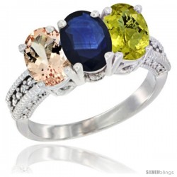 14K White Gold Natural Morganite, Blue Sapphire & Lemon Quartz Ring 3-Stone Oval 7x5 mm Diamond Accent