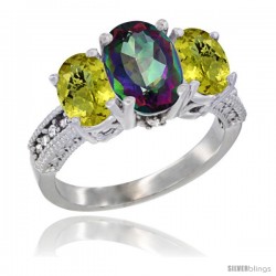 10K White Gold Ladies Natural Mystic Topaz Oval 3 Stone Ring with Lemon Quartz Sides Diamond Accent