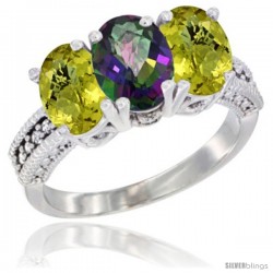 10K White Gold Natural Mystic Topaz & Lemon Quartz Sides Ring 3-Stone Oval 7x5 mm Diamond Accent